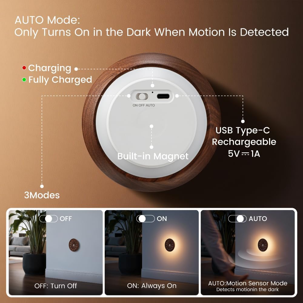 Wood Flower Night Light, Rechargeable Motion Sensor Light