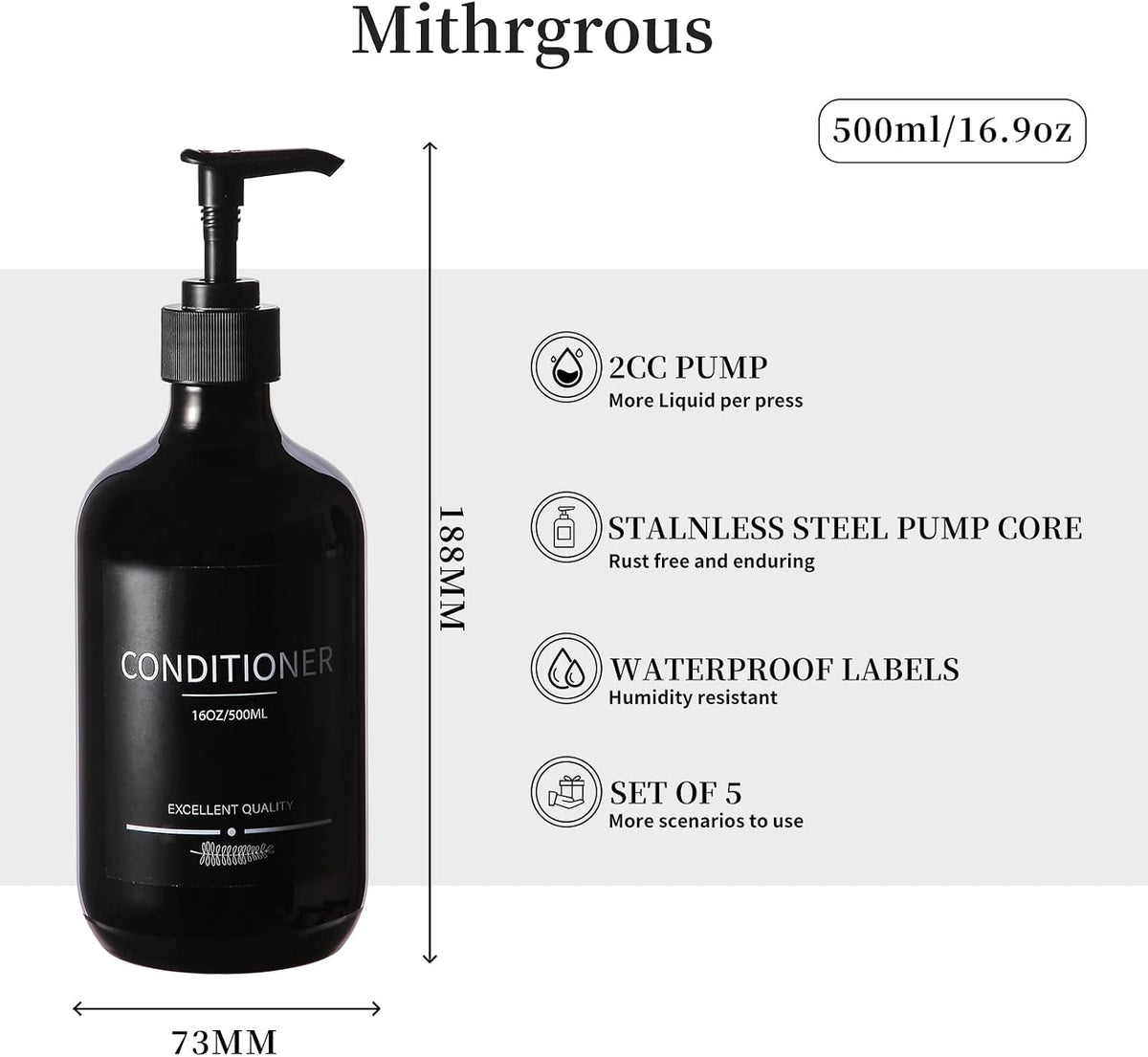 (5Pack) Black Shower Bottles Refillable with Labels, 16.9oz Reusable Shampoo and Conditioner Bottles,Shampoo Dispenser Bottles