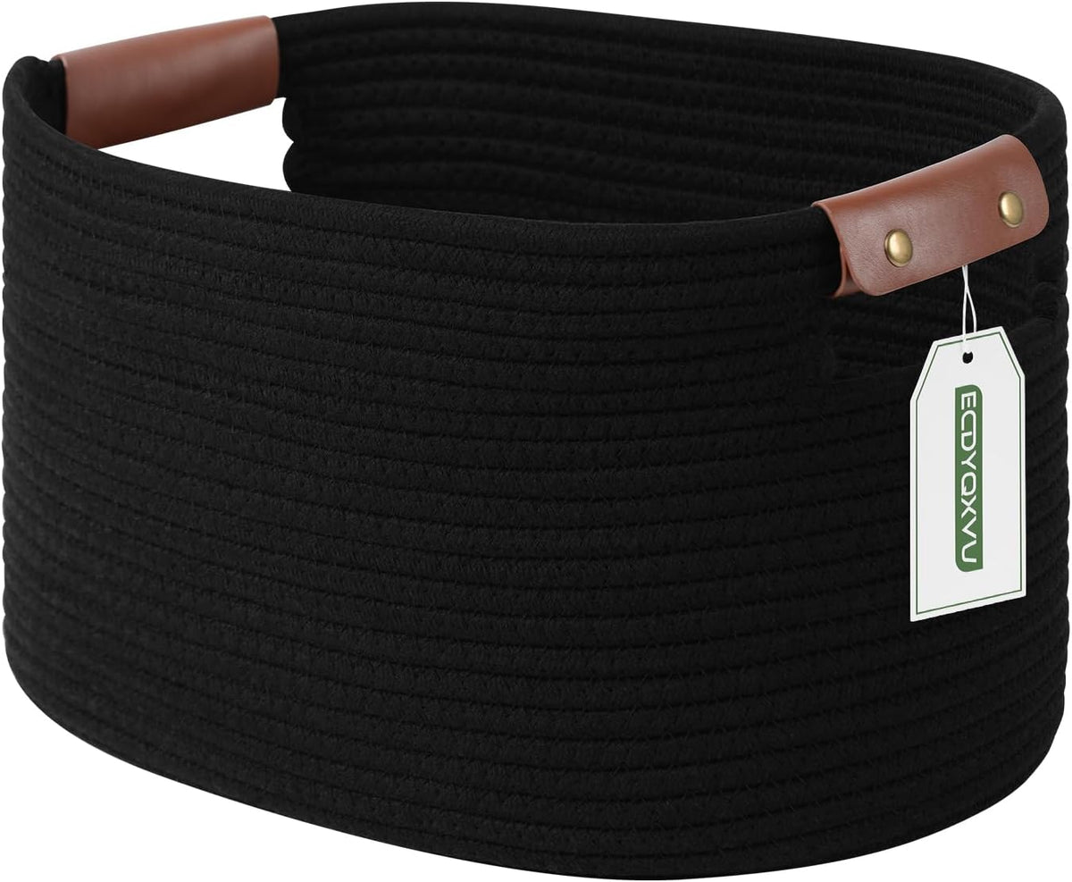 ECDYQXVU 15x10x9 Black Woven Cotton Rope Storage Basket Handles 1 Pack