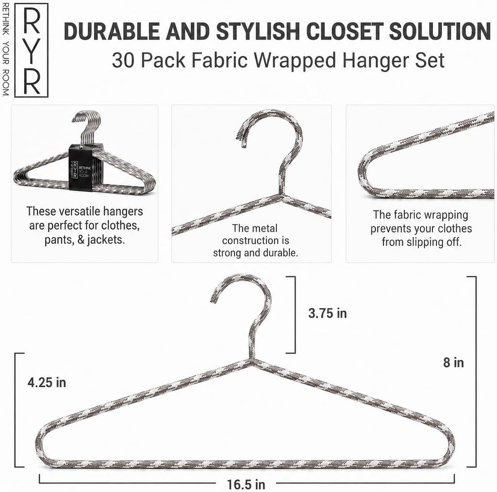 Clothes Hangers 30 Pack – Space Saving Fabric & Metal Hangers, Non-Slip Pant & Coat Hangers, Room Essentials, Closet, Durable Wardrobe Storage, Suits & Pants – Natural/White