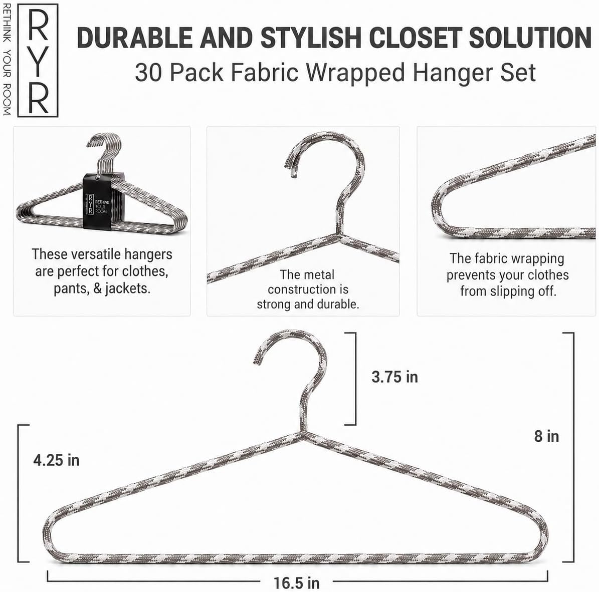 Clothes Hangers 30 Pack – Space Saving Fabric & Metal Hangers, Non-Slip Pant & Coat Hangers, Room Essentials, Closet, Durable Wardrobe Storage, Suits & Pants – Natural/White