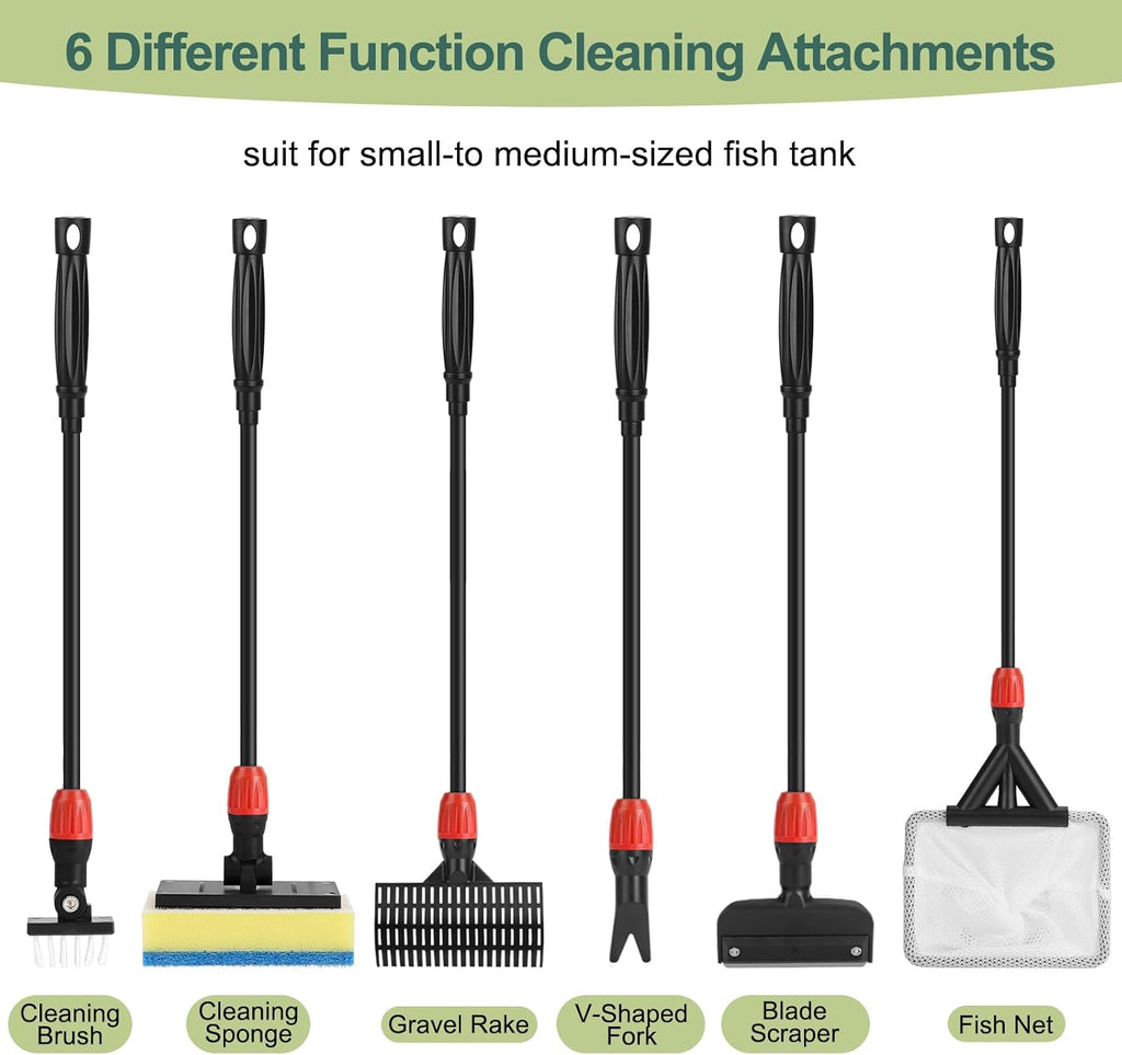 hygger Multi-Use Fish Tank Cleaner, 6 in 1 Aquarium Cleaning Tools Kit with 17.7 Inches Long Handle Algae Scraper Sponge Scrubber Firm Scrub Brush Fish Net Gravel Rake for Acrylic & Glass Tank