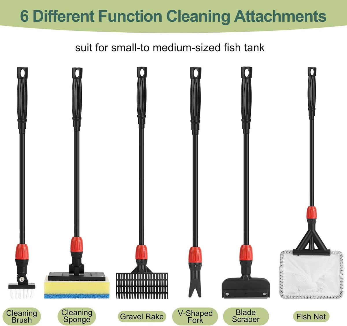 hygger Multi-Use Fish Tank Cleaner, 6 in 1 Aquarium Cleaning Tools Kit with 17.7 Inches Long Handle Algae Scraper Sponge Scrubber Firm Scrub Brush Fish Net Gravel Rake for Acrylic & Glass Tank