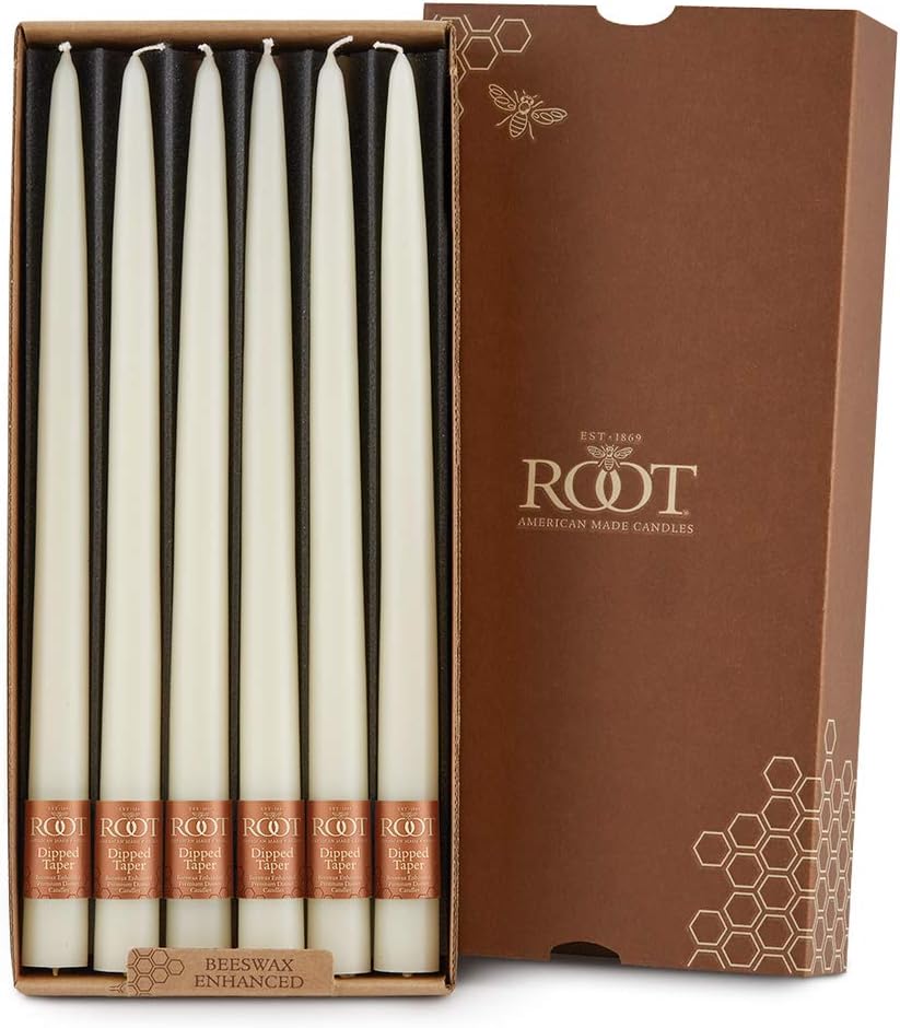 Root Candles 12-Count Unscented Taper Candles Smooth Hand-Dipped Dripless Beeswax Enhanced Boxed Candle Set, 12-Inch, Ivory