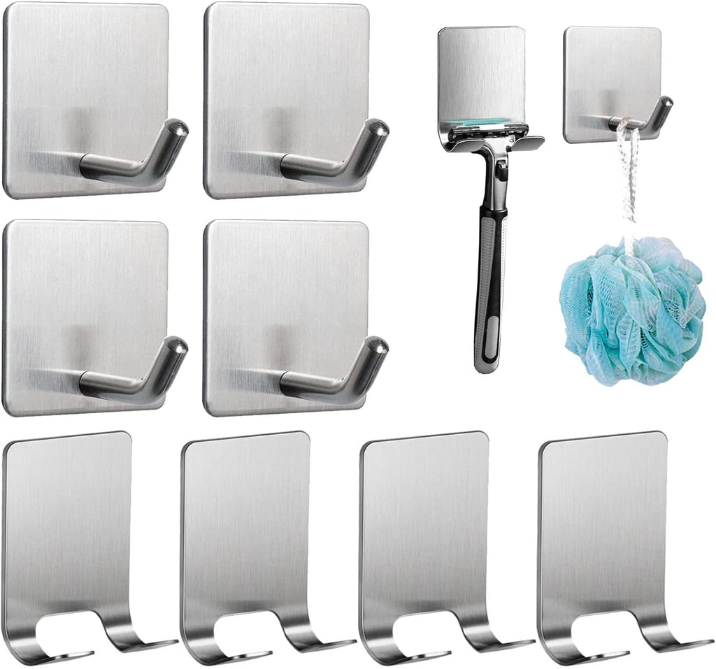 8 Pack Adhesive Hooks, 4 Pack Razor Holder for Shower and 4 Heavy Duty Waterproof Sticky Hooks for Hanging Towels, Loofah, Coat, Hat (Silver)