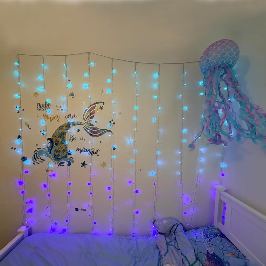 Curtain Lights for Bedroom Wall Light Up Curtains Led String Lights Turquoise Teal Blue Lavender Lilac Purple Twinkle Hanging Fairy Lights Unicorn Mermaid Kawaii Teen Room Decor for Girls