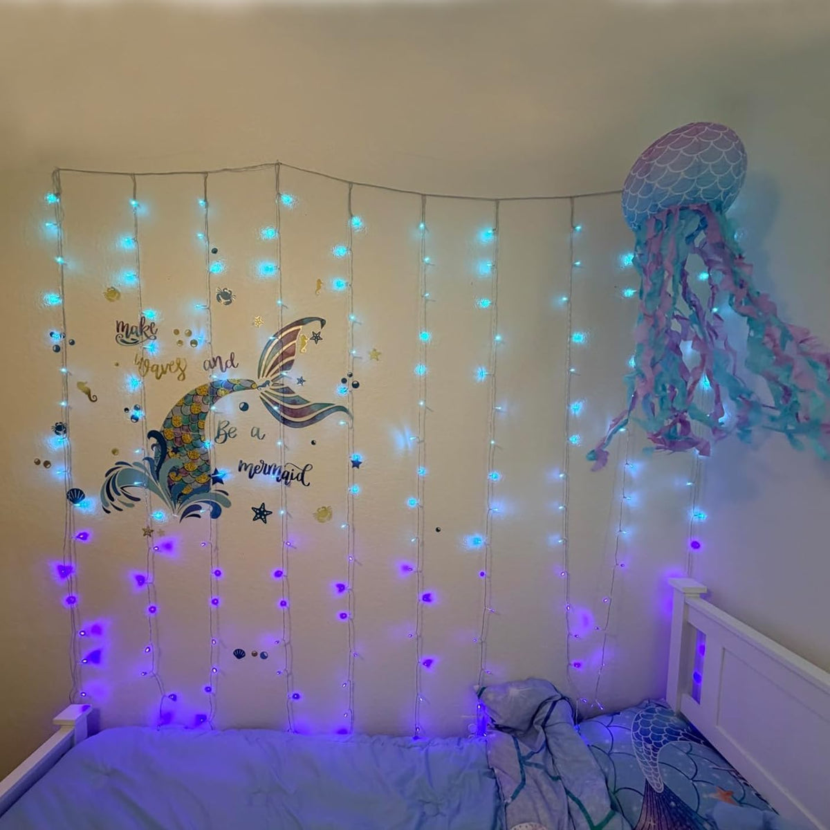 Curtain Lights for Bedroom Wall Light Up Curtains Led String Lights Turquoise Teal Blue Lavender Lilac Purple Twinkle Hanging Fairy Lights Unicorn Mermaid Kawaii Teen Room Decor for Girls