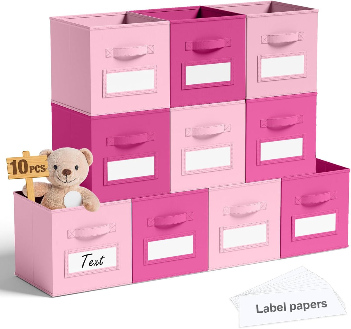 10 Pack Fabric Storage Cubes with Label 11" Collapsible Cube Bins, Pink