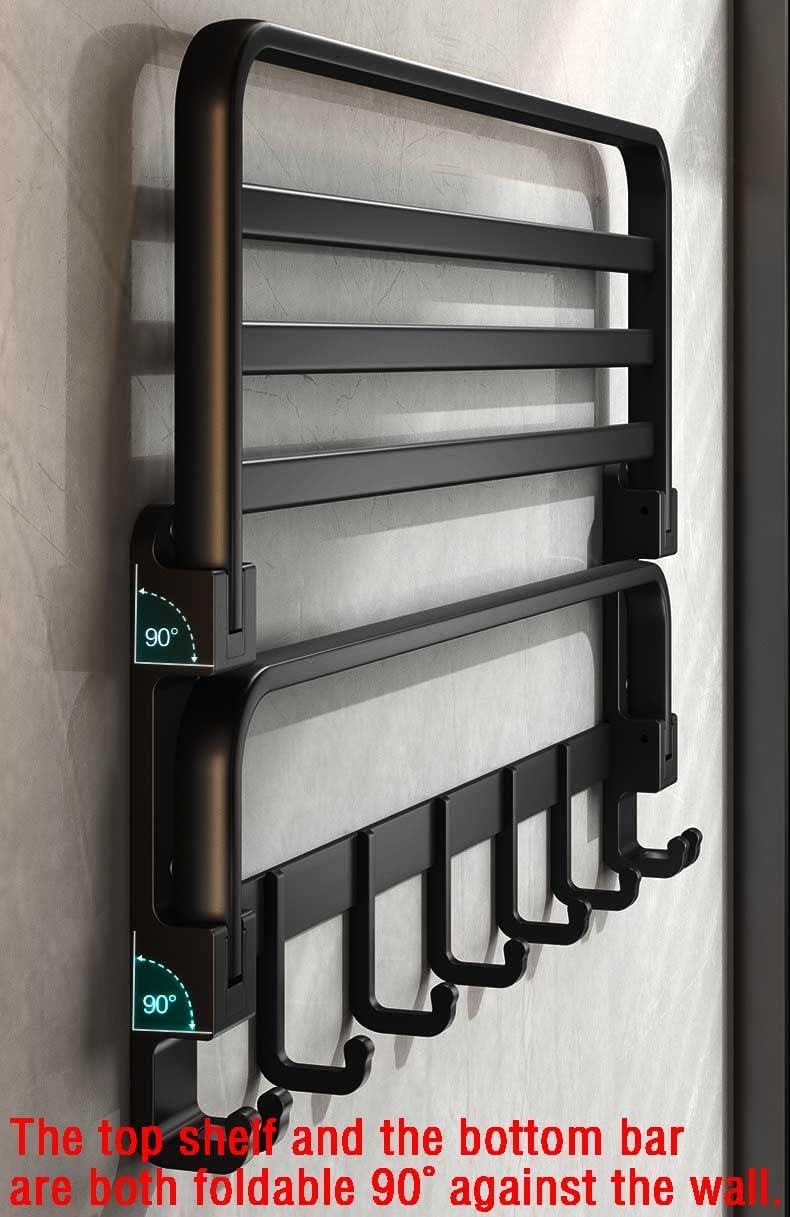 (1 Pack) Yariwiz Matte Black Towel Rack Wall Mounted No Drill and Screw Mounting, Bathroom Bath Shower Length 24 inch Double Towel Rod with Shelf Hotel Towel Rack B0503-MB