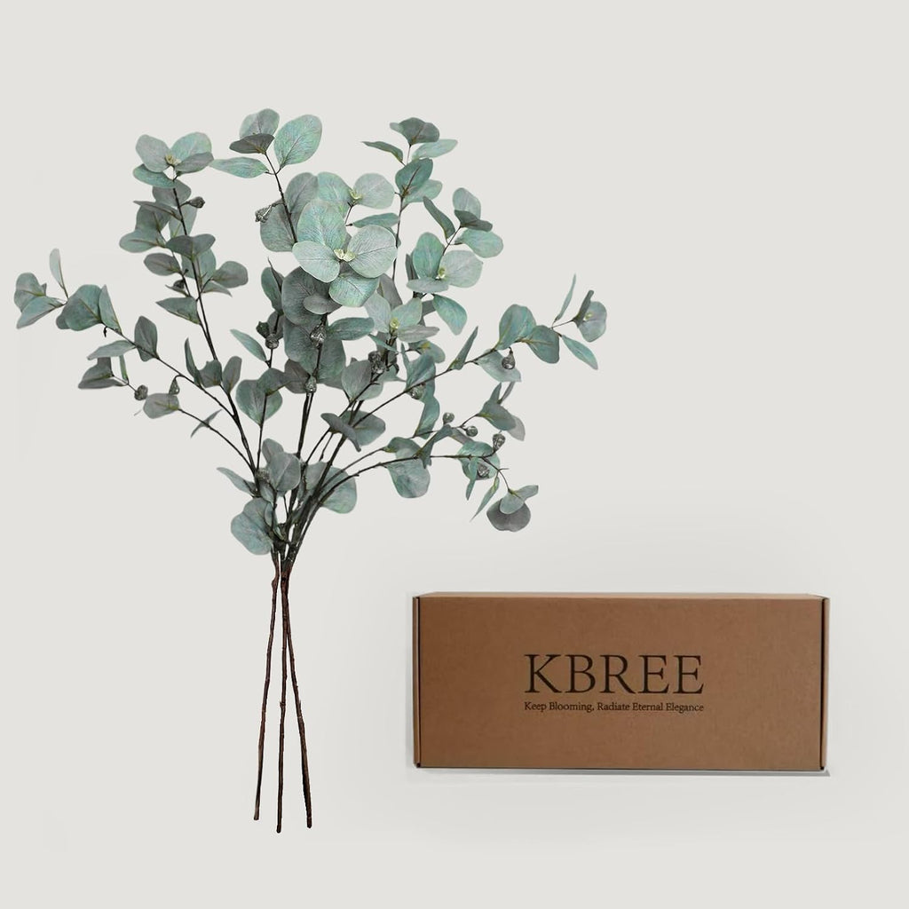 KBREE 41.3" Eucalyptus Stems, 3 Pcs Faux Eucalyptus with Seed Pods, Extra Long Artificial Greenery Stems for Tall Vase, Home, Wedding & Office (Silver Blue Green)