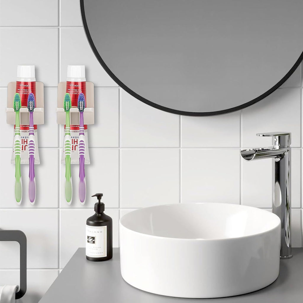 2 PCS Self-Adhesive Toothbrush Holders Wall Mounted, Water Proof Toothbrush Hook, 3 in 1 with Toothbrush Hanger Toothpaste Holder and Gargle Cup Holder for Bathroom Shower (Beige)