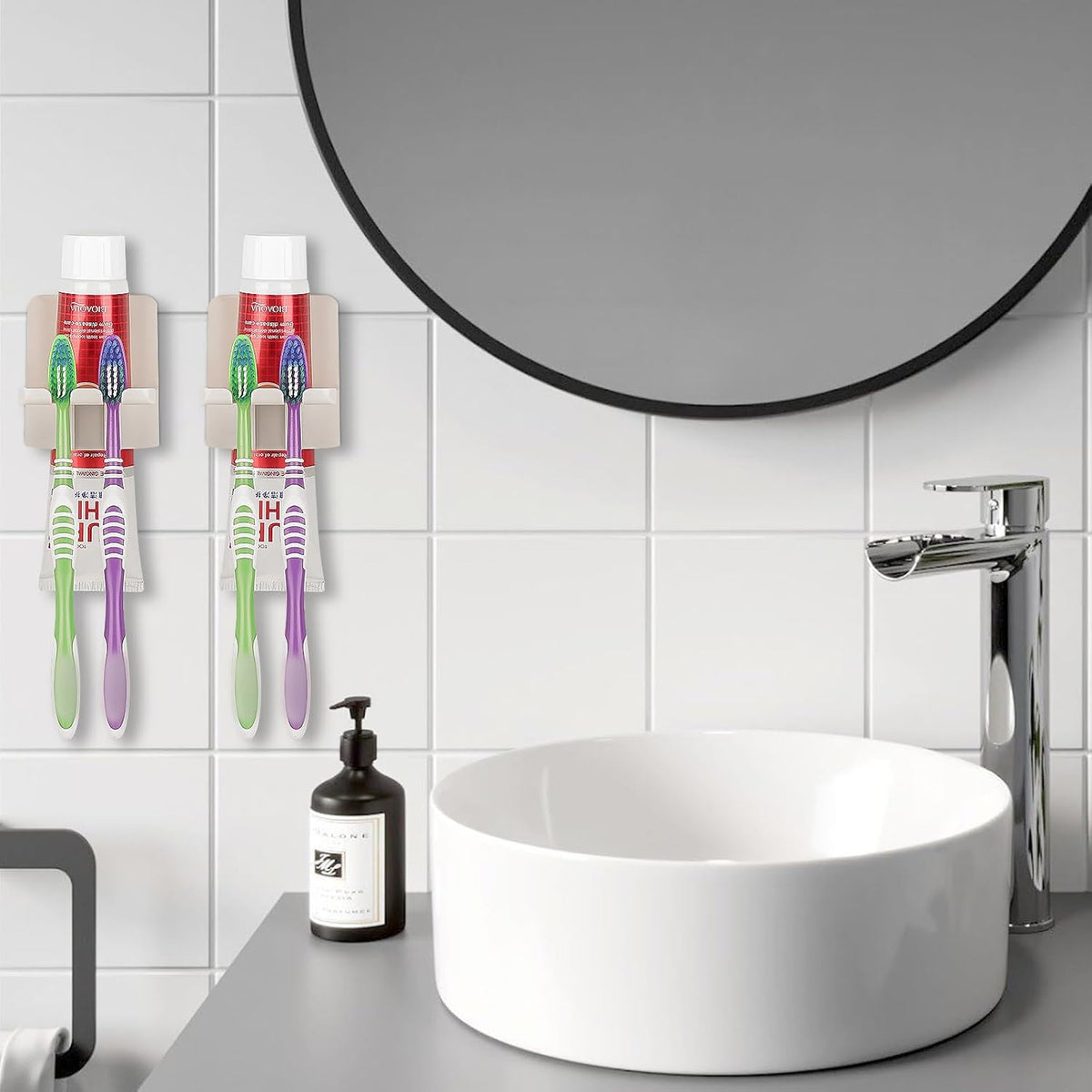 2 PCS Self-Adhesive Toothbrush Holders Wall Mounted, Water Proof Toothbrush Hook, 3 in 1 with Toothbrush Hanger Toothpaste Holder and Gargle Cup Holder for Bathroom Shower (Beige)