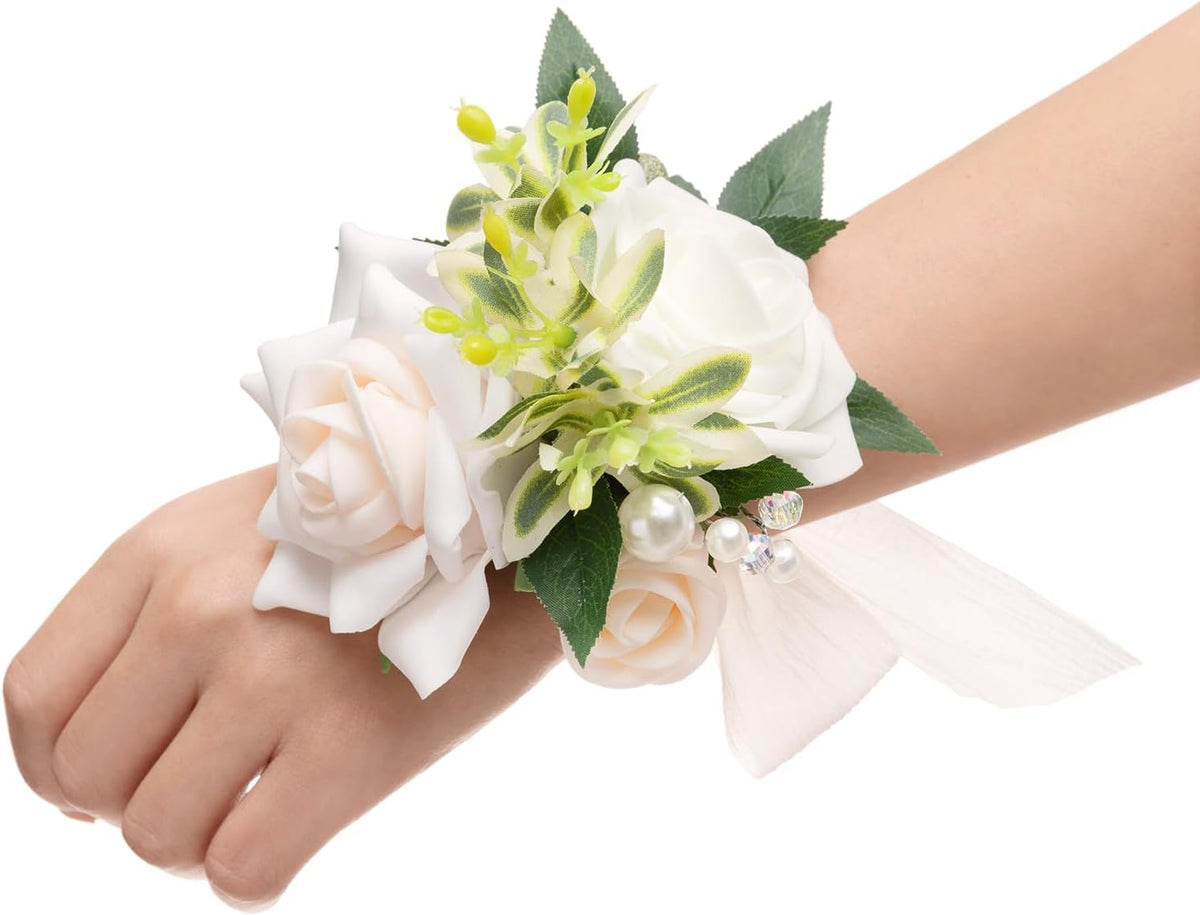 Ling's moment 6pcs Wedding Corsage Wristlet, White Ivory