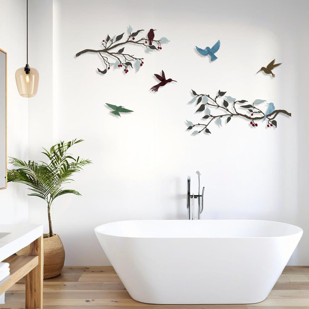 4PCS Metal Birds Wall Decor, Birds on the Branch Silhouette Art, Metal Leaves with Hummingbirds Outdoor Art Hanging Wall Sculpture for Home Office Balcony Garden Decor.（Colorful,Hummingbirds）