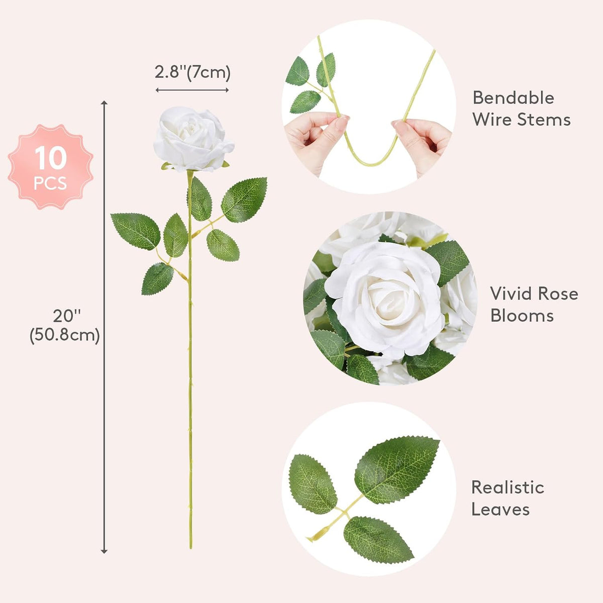 Lifewit Classic White Artificial Roses Flowers, Faux Long Stem Roses Bulky