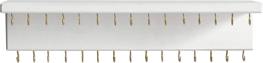 SANY DAYO HOME Jewelry Organizer with 30 Hooks and Cosmetics Shelf, 15 x 3 x 4 inches Wall Mounted Rustic Pine Wood Holder for Necklaces and Bracelets, Suitable for Kids and Adults (Retro White)
