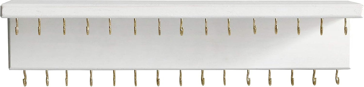 SANY DAYO HOME Jewelry Organizer with 30 Hooks and Cosmetics Shelf, 15 x 3 x 4 inches Wall Mounted Rustic Pine Wood Holder for Necklaces and Bracelets, Suitable for Kids and Adults (Retro White)