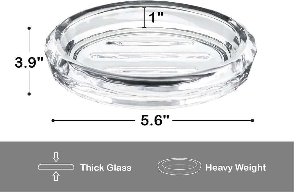 Glass Soap Dish for Bathroom Countertop, Shower, Kitchen Sink, Oval Heavy Bar Soap Holder with Raised Ridges, Transparent, 1 Pack