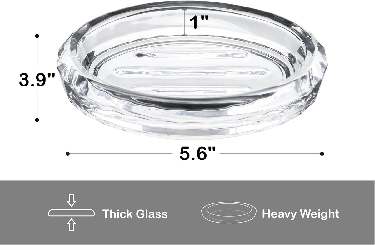 Glass Soap Dish for Bathroom Countertop, Shower, Kitchen Sink, Oval Heavy Bar Soap Holder with Raised Ridges, Transparent, 1 Pack