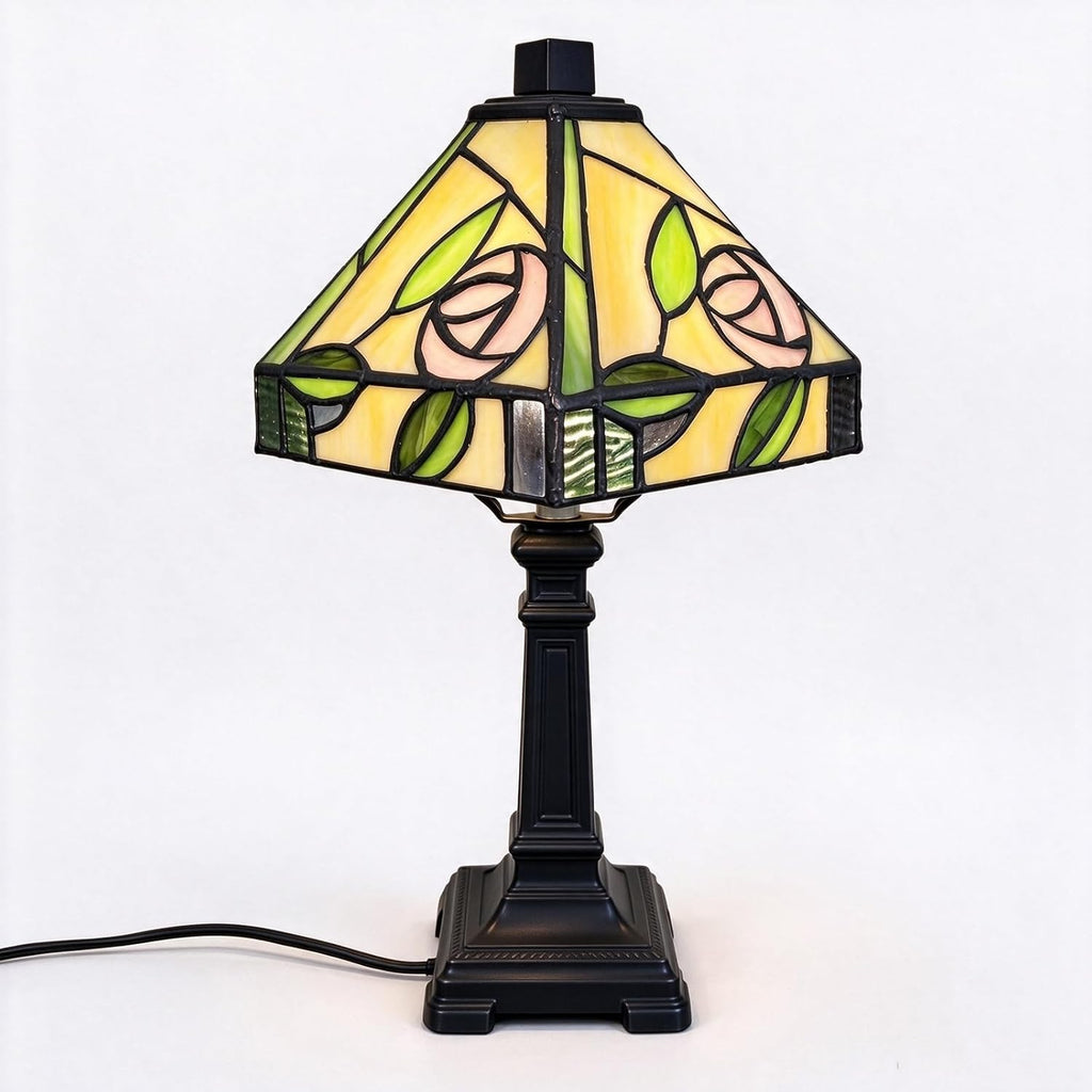 Tiffany Style Lamp Hand-Made Pink Rose Stained Glass Table Lamps
