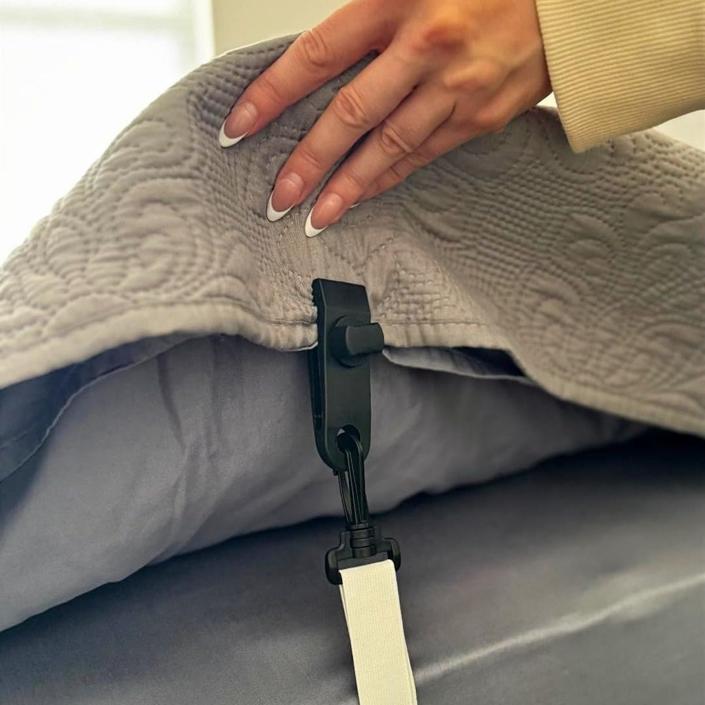 Bedding Straps (Fits Full, Queen, King Beds 1-Pack) Adjustable Sheet and Blanket Holder Clips, Mattress Grippers - Never Wake Up Cold - Blanket Hog & Active Sleepers (White)