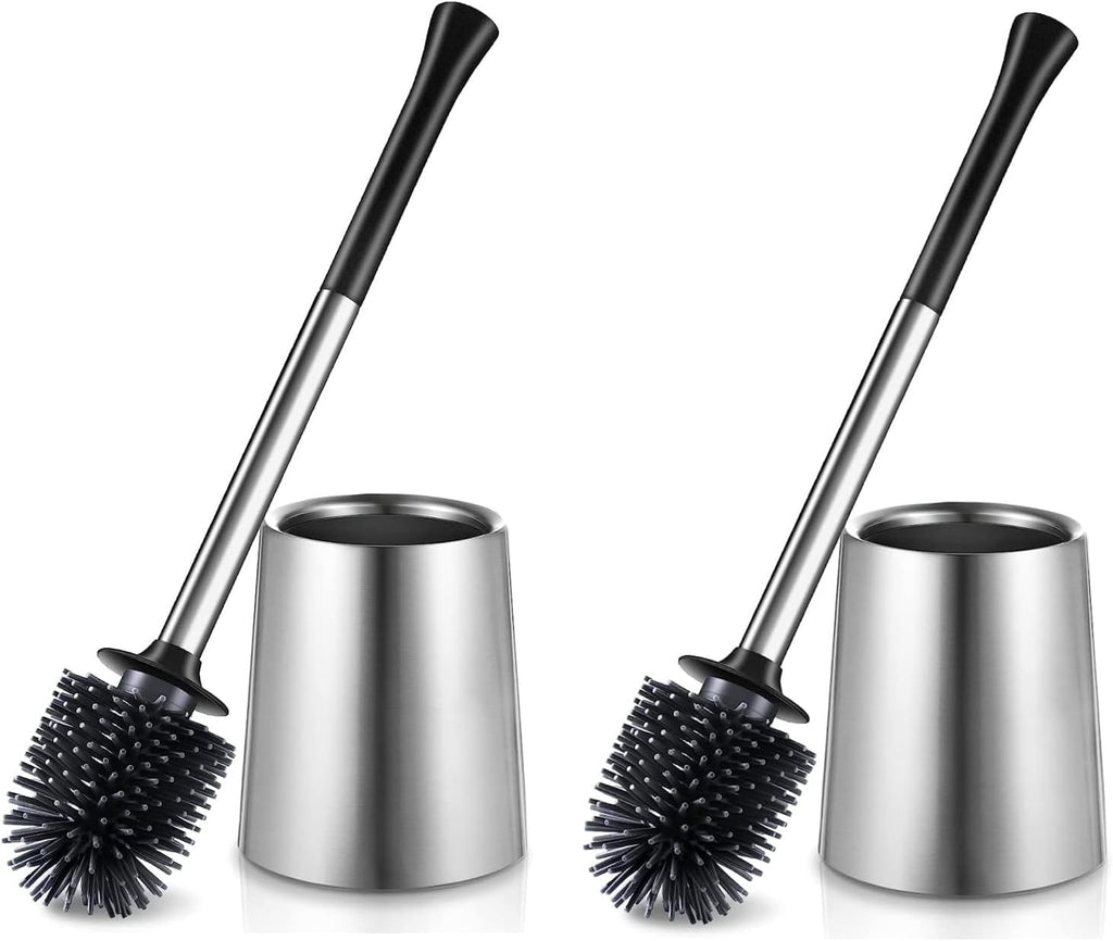 HAMITOR Toilet Bowl Brush Holder Set: 2Pack Silicone Stainless Steel Deep Cleaning Toilet Cleaner Brush for Bathroom Restroom - Compact Modern Rv Toilet Scrubber Accessories with Caddy