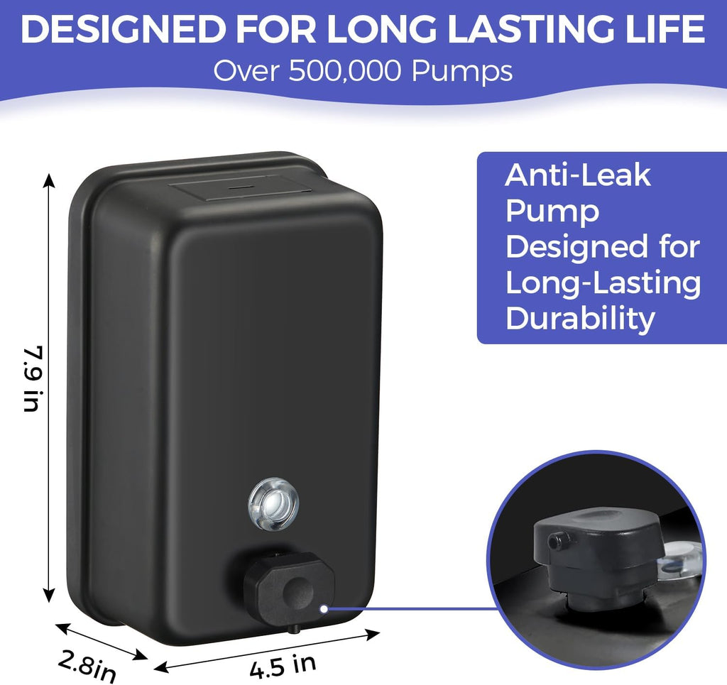 Stardrix Matte Black Stainless Steel Vertical 1100ml/37oz Capacity Commercial-Grade Soap Dispenser, Wall-Mounted Bathroom Hand Soap Dispenser with Corrosion-Proof Lining and Anti-Leak Pump