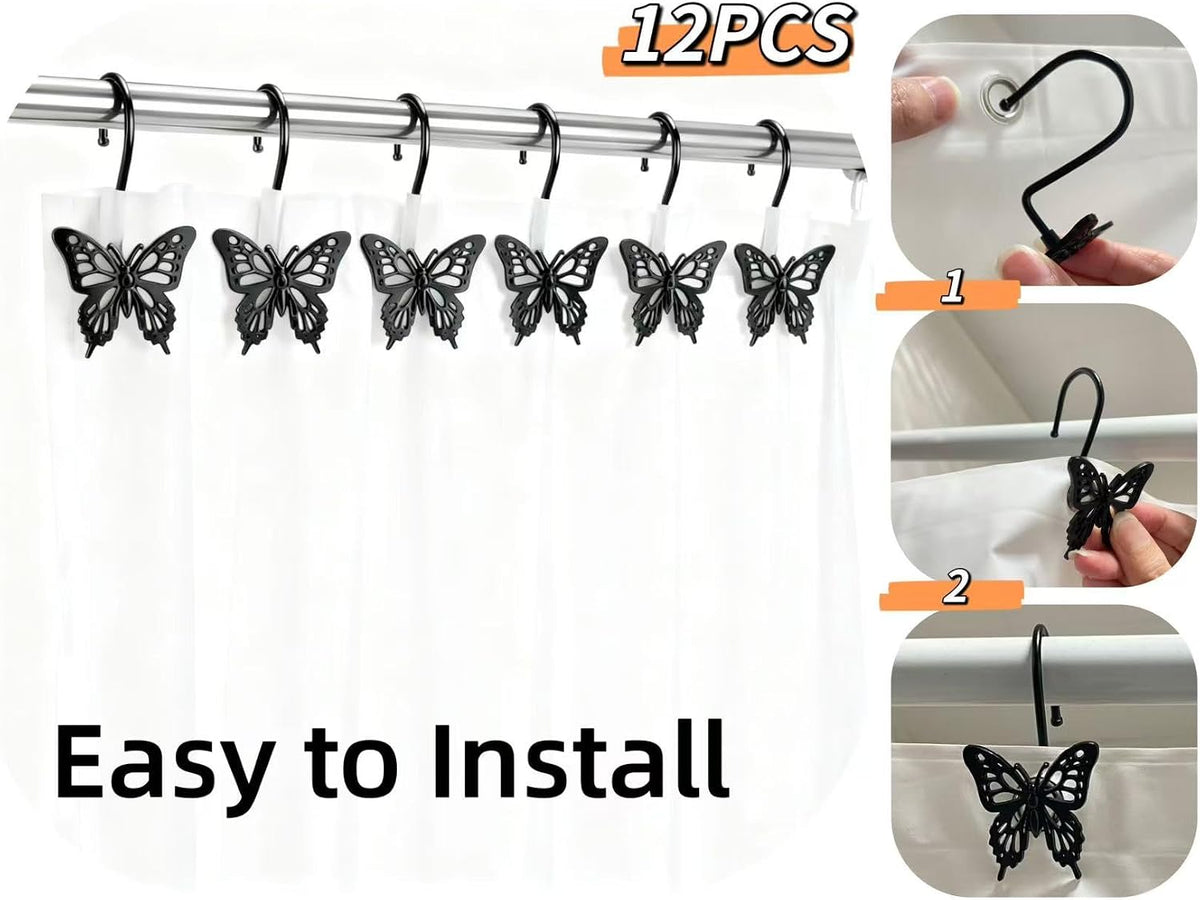 12PCS Decorative Shower Curtain Hooks, Metal Shower Curtain Rings, Rustproof Shower Curtain Hanger for Bathroom, Elegant Butterfly Design (Black)