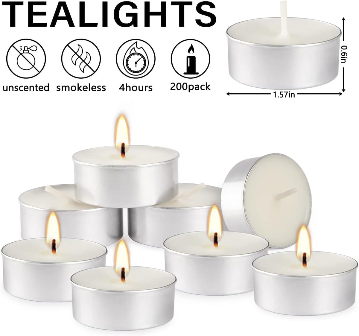 100 Pack 4 Hour Long time Burning,Unscented Tea Lights Candles,White, Smokeless, Dripless,for Weddings, Home, Pool,Shabbat