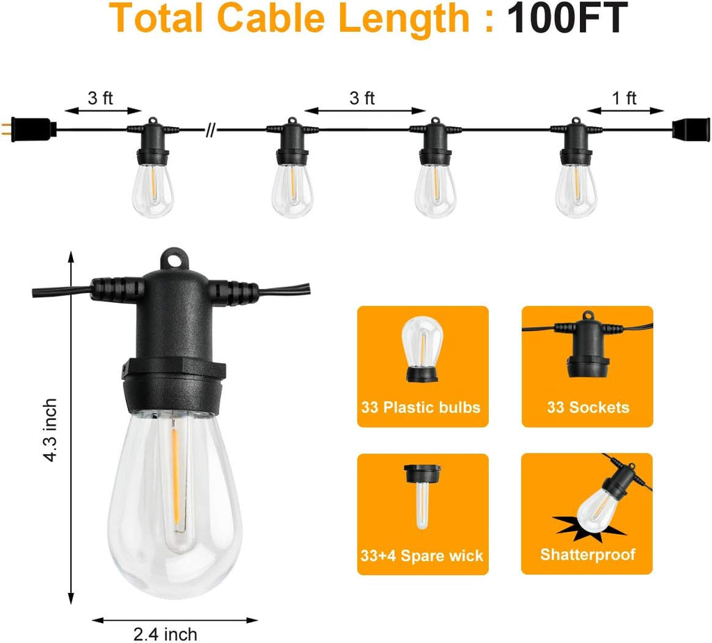 LED Outdoor String Lights 100FT Patio Lights with 33 Shatterproof Bulbs