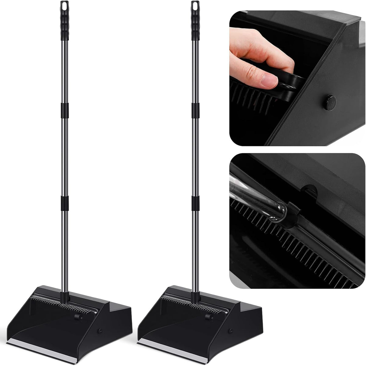 Leumoi 2 Pcs Dust Pans with Long Handle with Comb Stand up Dustpan,Black