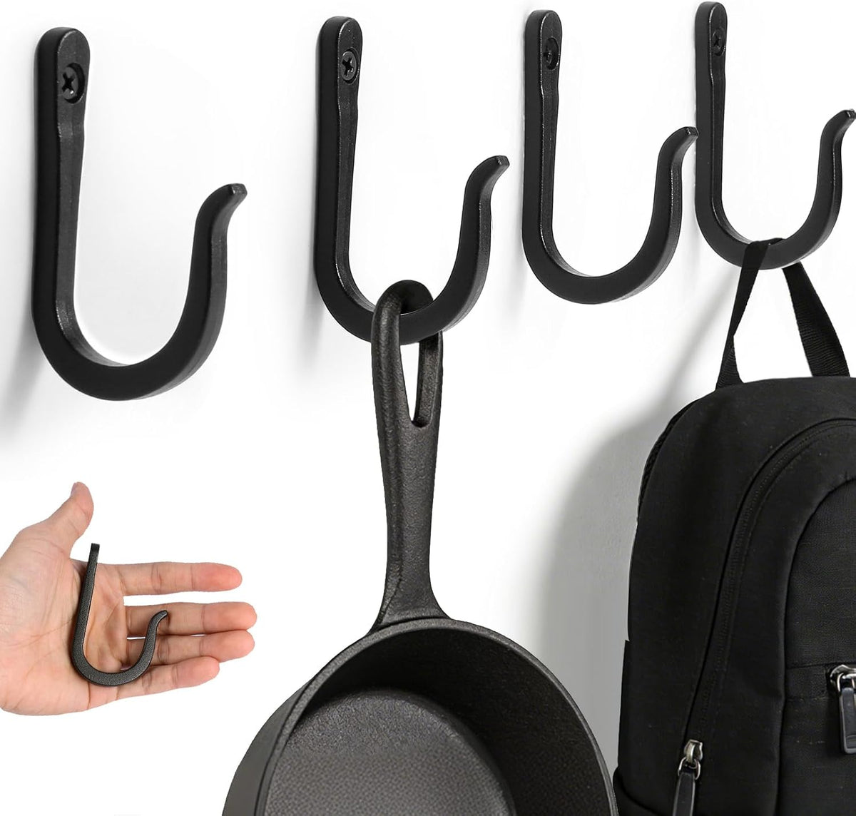10 Pack Heavy Duty Wall Hooks, Decorative Coat Hooks, Hooks for Hanging Cast Iron Skillets, as Well as Backpacks, Coats, etc, Multi-Layer Electroplated, Indoor and Outdoor Use(Black)