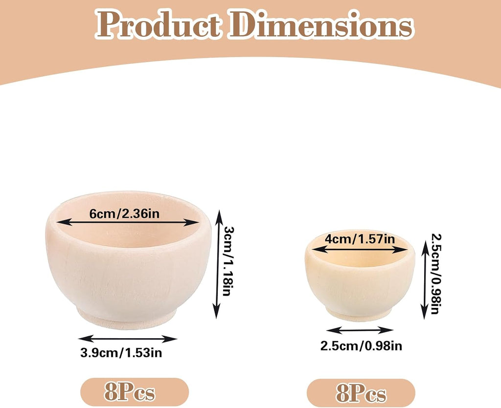 16 PCS Wooden Pinch Bowls, 2 Size Mini Unfinished Bowl, Round Condiment Container, for DIY Crafts, Painting, Sorting, Dips Sauce, Nuts, Spice, Candy (1.2'' x 2.2'', 1'' x 1.6'')