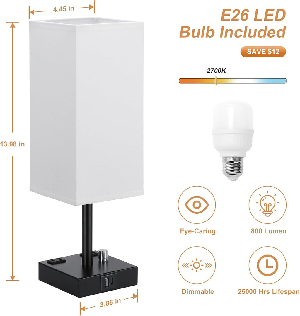 White Bedside Table Lamps Set of 2 - Dimmable, USB C+A, 2 AC Outlets