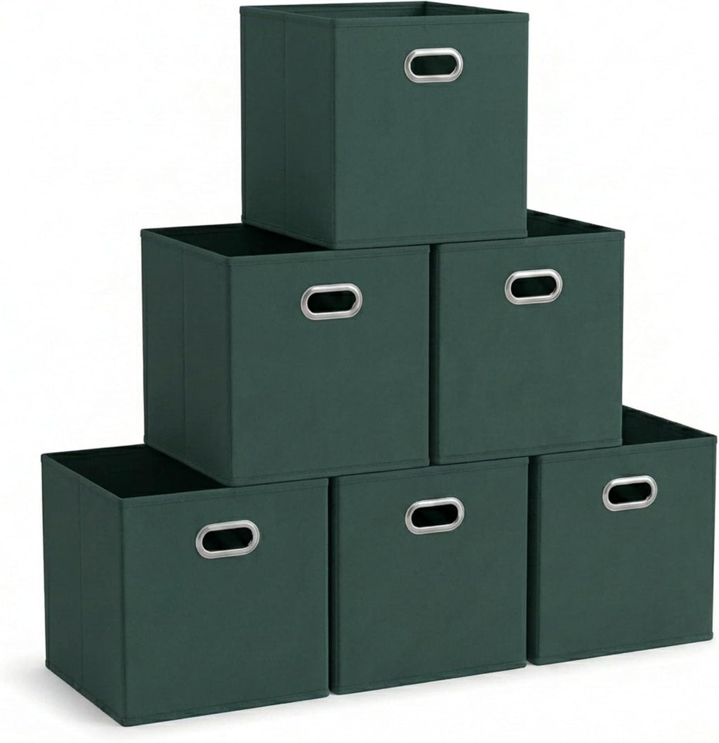 Household Essentials Foldable Fabric Storage Cubes 6-Pack – 11x11x11 Stackable Non-Woven Bins with Chipboard Sides & Grommet Handles – Closet, Shelf, Nursery, or Office Organizer – Dark Green