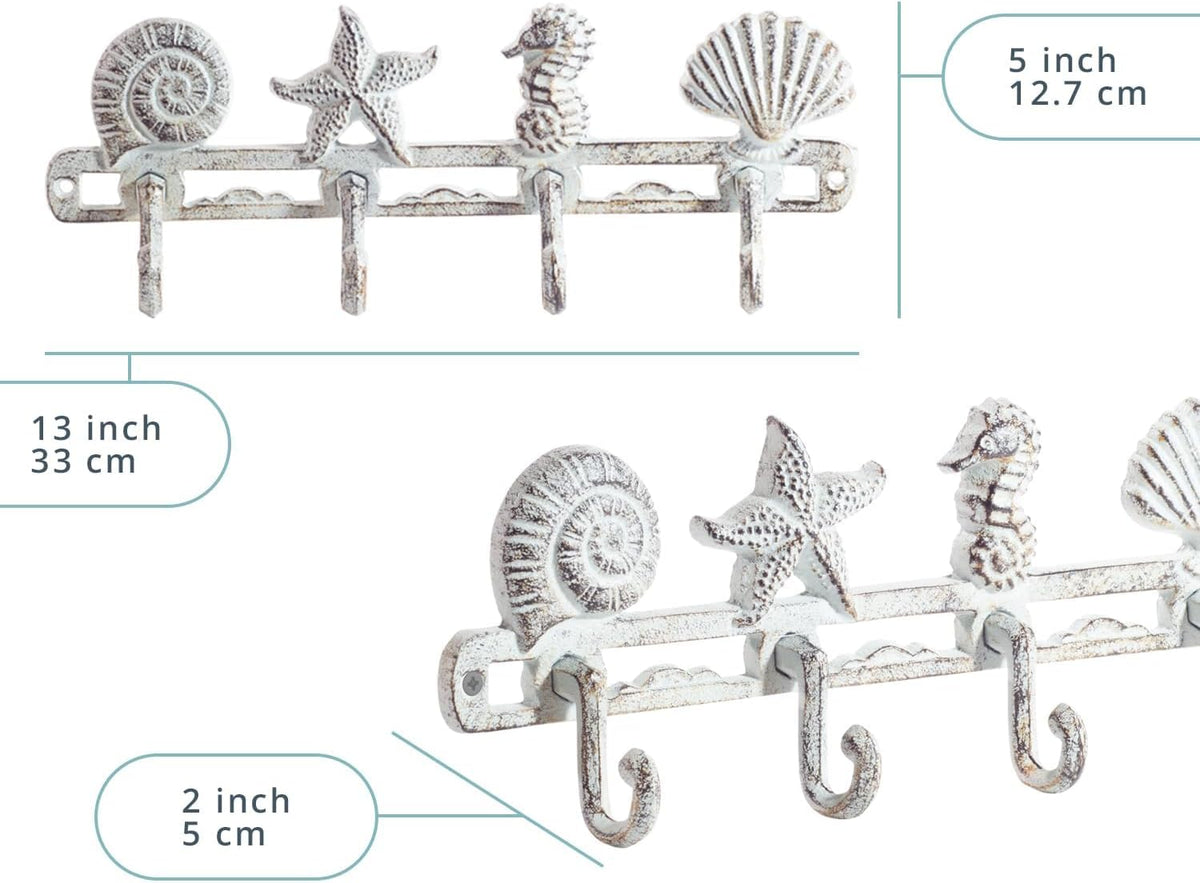 Comfify Antique White Seashell Cast Iron Wall Hook Rack – 4 Hooks, 13.5"