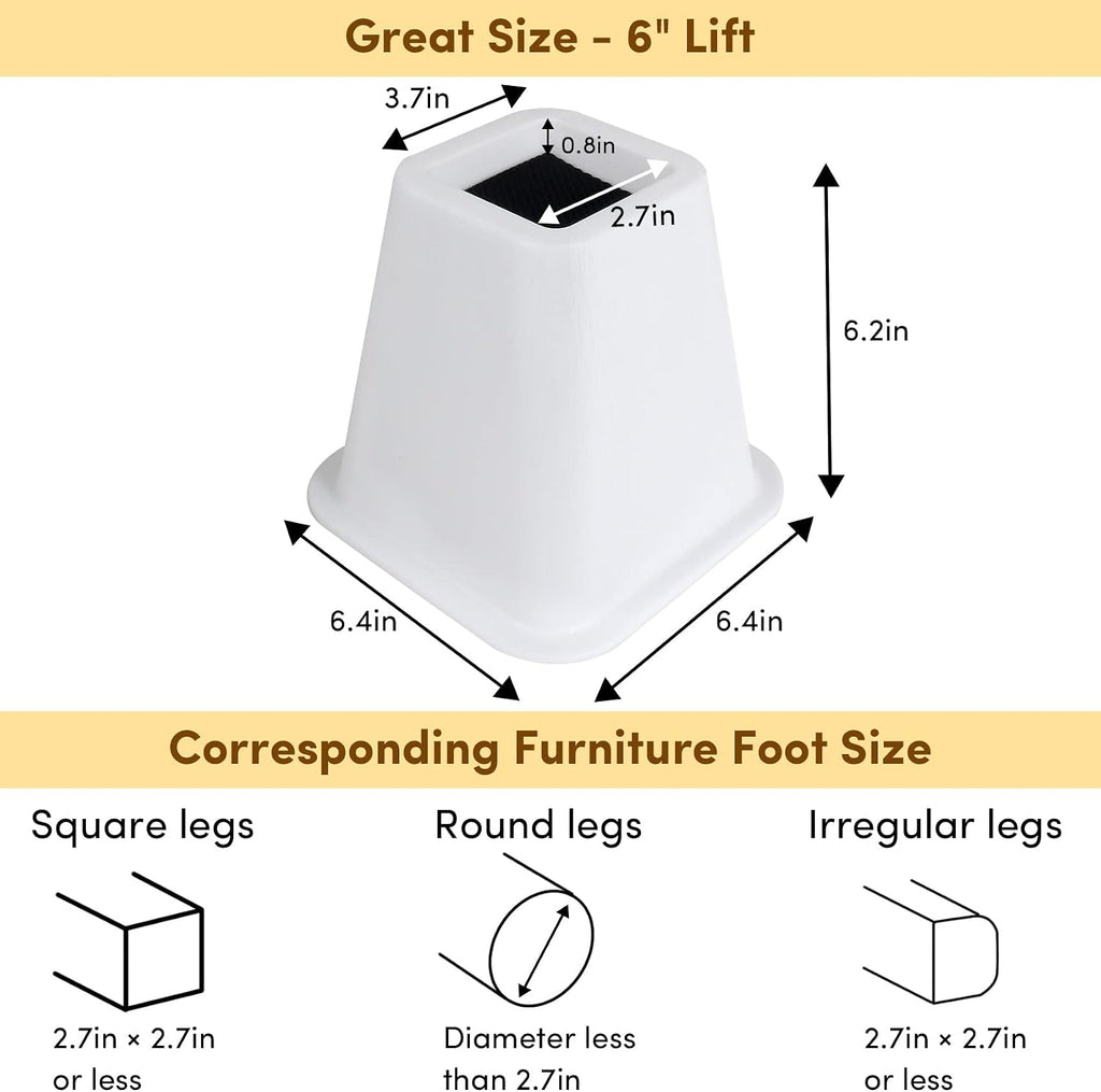 DEDU Bed Risers 6 Inch Heavy Duty 6 Pack, Furniture Risers for Sofas Oversized, Couch Risers with Non-Slip Pad Supports Up to 2200 Lbs for Bed, Desk, Chair (White)