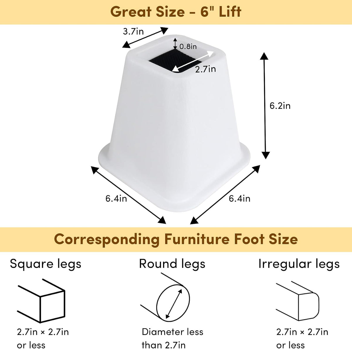 DEDU Bed Risers 6 Inch Heavy Duty 6 Pack, Furniture Risers for Sofas Oversized, Couch Risers with Non-Slip Pad Supports Up to 2200 Lbs for Bed, Desk, Chair (White)