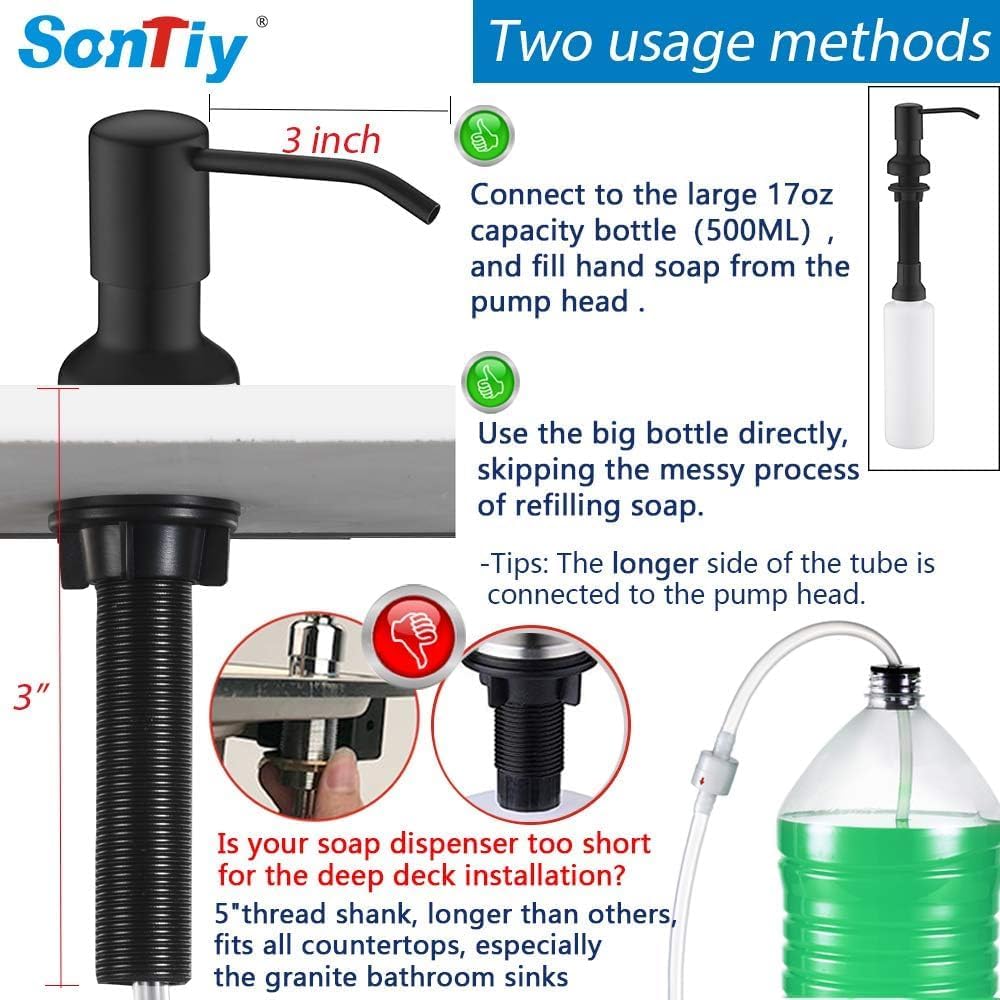 Built in Soap Dispenser for Kitchen Sink, Kitchen Soap Dispenser Stainless Steel Pump Set for Dish Soap or Lotion with 47" Extension Tube and 500ml Bottle (Black Matte)