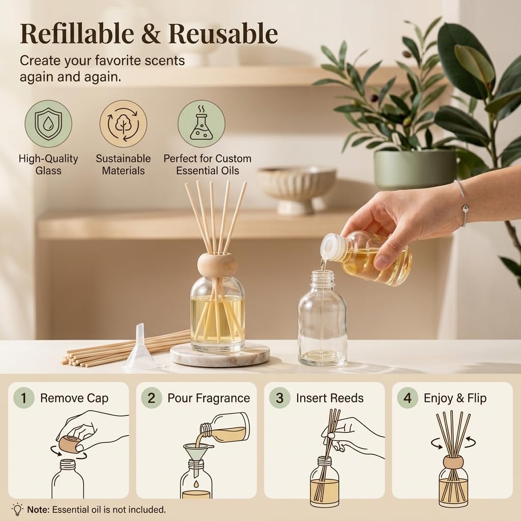 4 Pack 120ml Empty Reed Diffuser Bottles with 20 Reed Sticks, Clear Glass Diffuser Set with Wooden Caps for DIY Home Fragrance, Bathroom, Bedroom and Office (4, Gradient Gray)