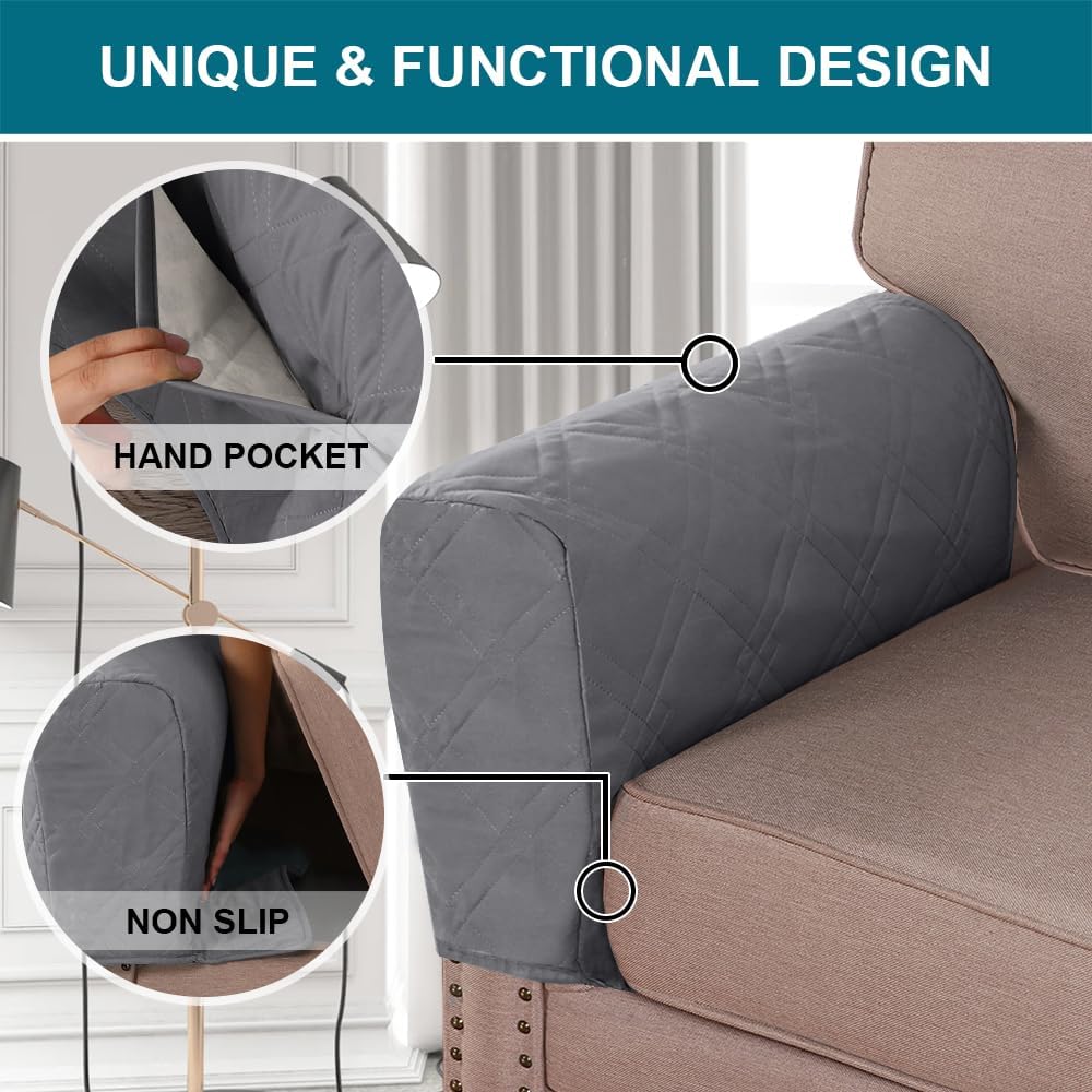 2-Pack Waterproof Armrest Covers for Couches & Chairs – Anti-Slip Furniture Protectors with Side Pockets, Washable Sofa Arm Covers, Universal Stretch Fit (Fits Most Armrests) (Dove)