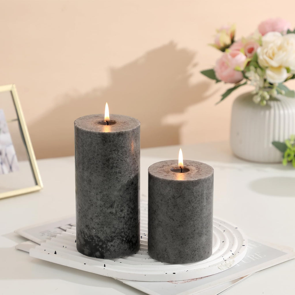 3x4 Inch Grey Pillar Candles Set of 3, Hand-Poured Unscented Pillar Candles