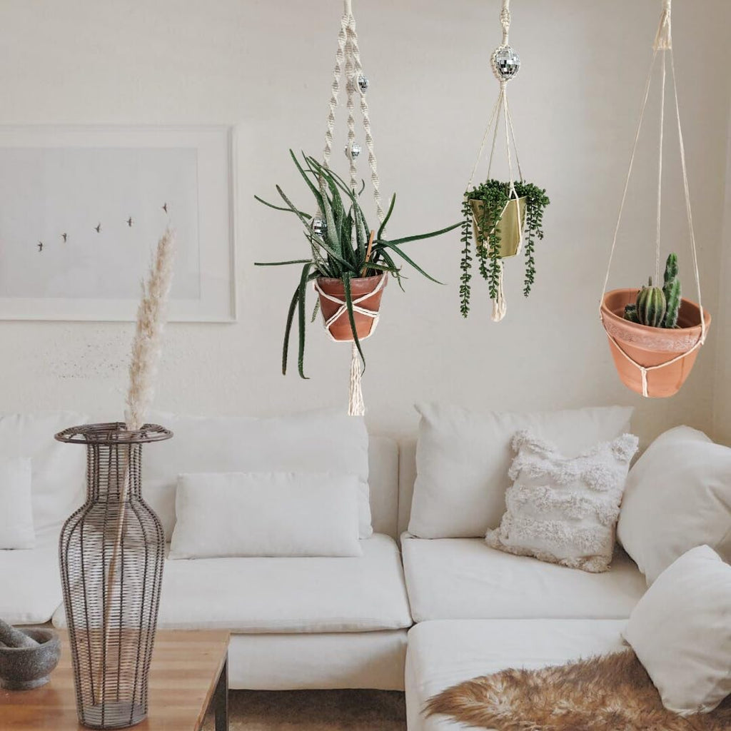 Set of 3 Macrame Plant Hanger | Disco ball decor Hanging planters for indoor plants Cool gifts for plant lovers Boho plant pots plant stand indoor Hanging planters for outdoor plants (Vanilla White)