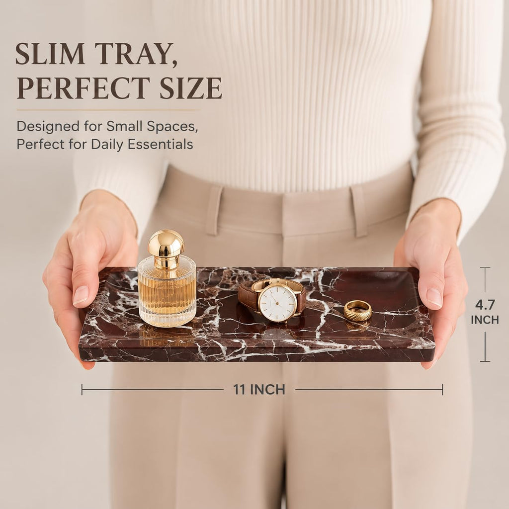 Marble Decorative Tray for Home Decor, Red Vanity Tray for Bathroom Countertop, Small Perfume Tray for Dresser, Luxury Stone Organizer for Jewelry, Candles & Skincare, 11 x 4.7 in