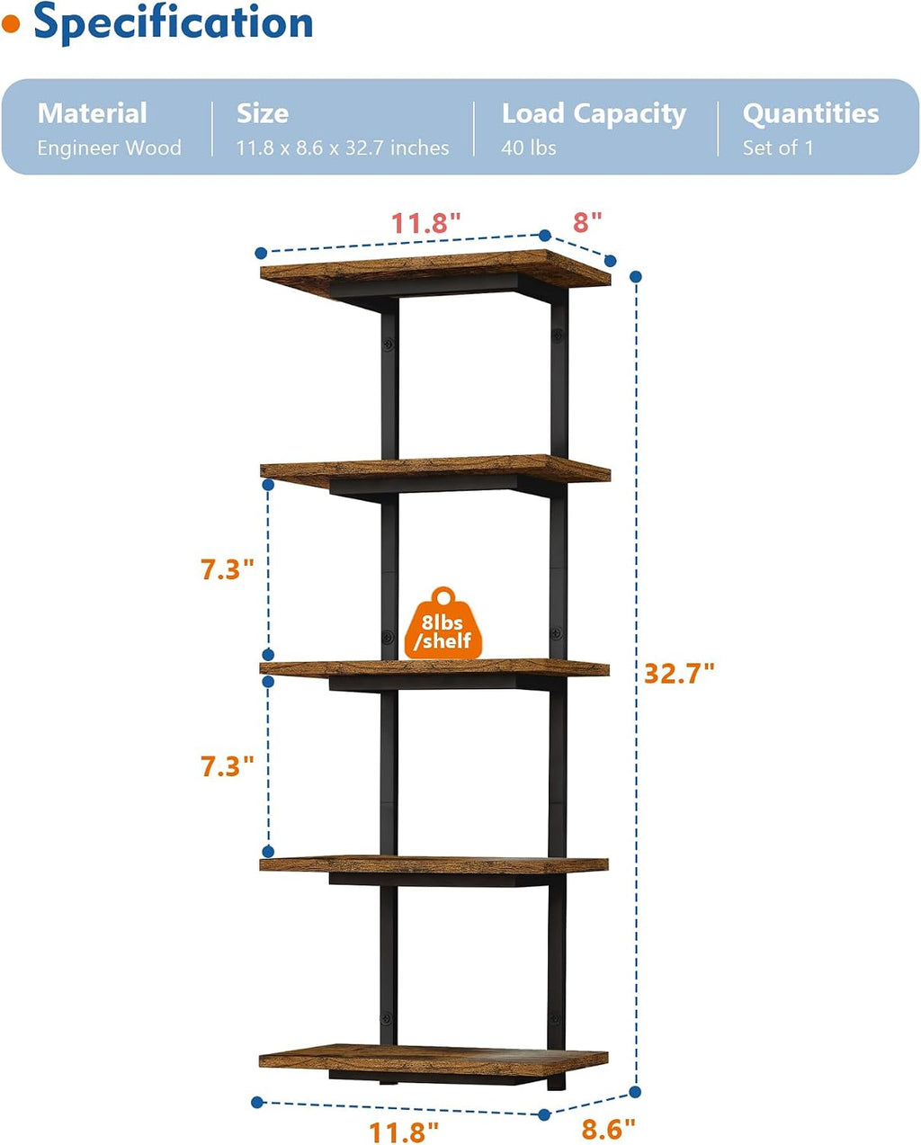 Harwaya 5 Tier Wall Bookshelf Unit for Bedroom Books, Large Floating Book Shelves Wall Mounted, Rustic Wood Lack Tiered Hanging Shelf for Kitchen Office Living Room Corner (Dark Brown)