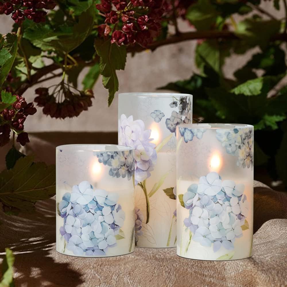 Hydrangeas Glass Flameless Pillar Candles with Remote Timer