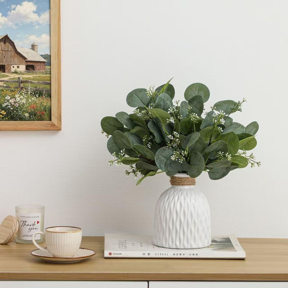 Fake Eucalyptus Plants 20 Stems in Ceramic Vase for Indoor Home Decor