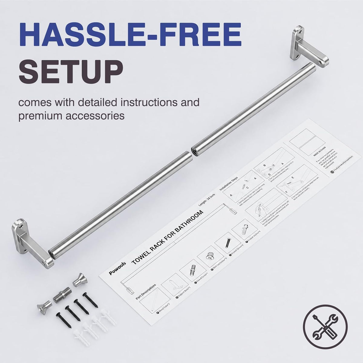 Powools Brushed Nickel 24" Towel Rack, Rustproof Wall Mounted Towel Bar