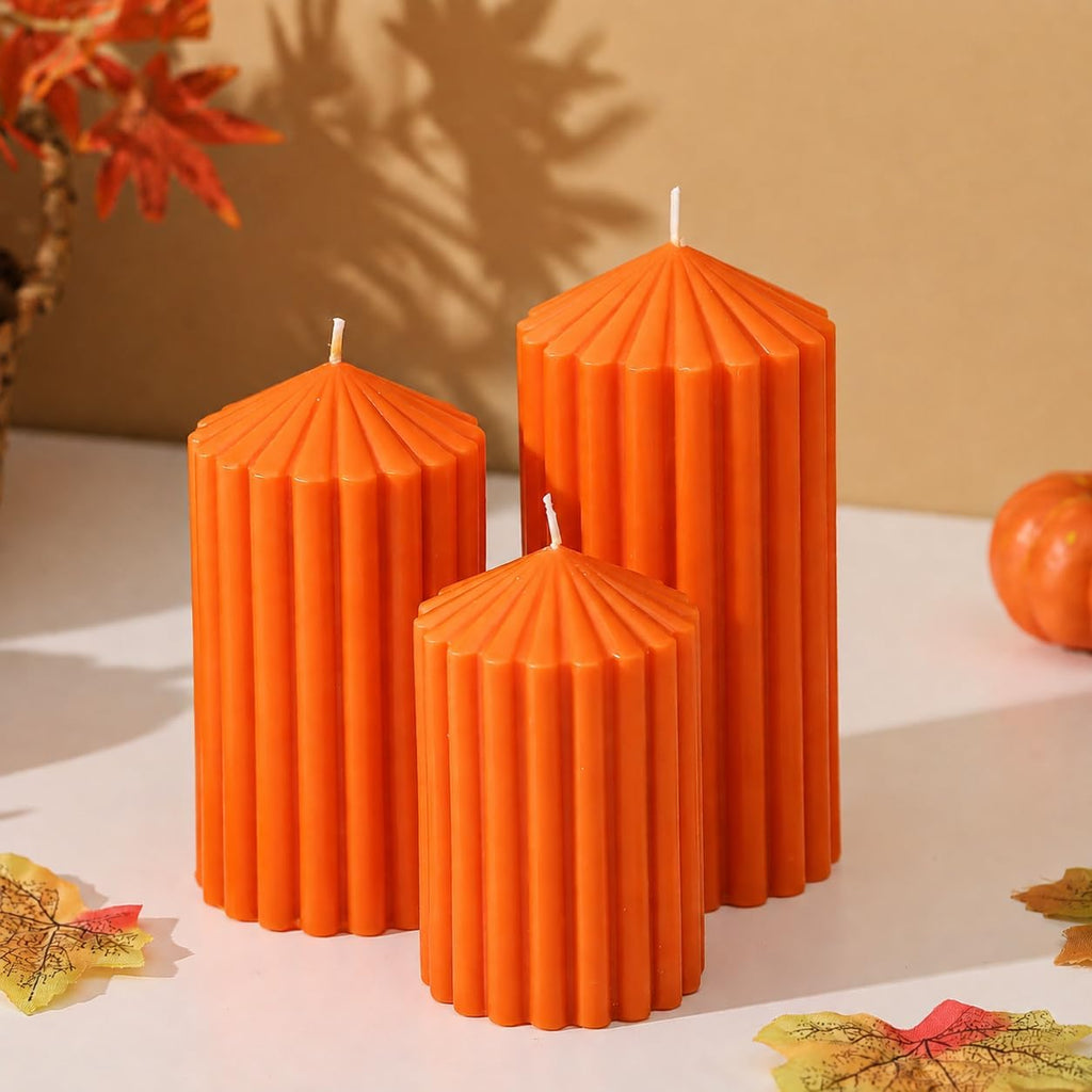 Orange Ribbed Pillar Candles Set of 3, Fall Pillar Candle for Fall Decor
