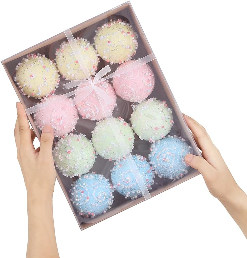 Pastel Christmas Tree Ornaments Decorations, 12 Pcs 3.1 Inch Macaron Shatterproof Foam Christmas Ball Ornaments Set, Christmas Tree Hanging Pendants Xmas Tree Decoration